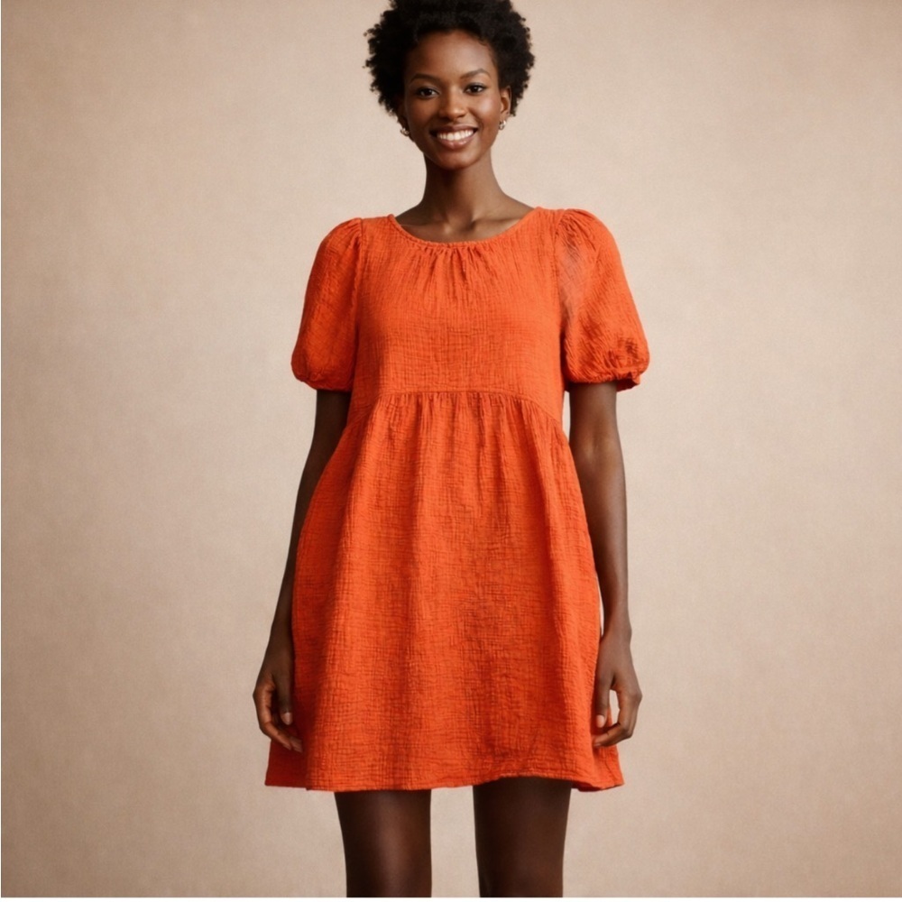 Dokotoo Orange 100% Cotton Babydoll Dress | Puff Sleeve | Size L